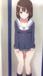 1girls blush brown_eyes brown_hair dripping katou_megumi legs miniskirt saenai_heroine_no_sodatekata school_uniform vibrator vibrator_under_clothes wet