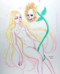 1girls 2019 amandadarko blonde_hair breasts female female_only flower long_hair nude pussy simple_background skull solo traditional_media_(artwork) wide_hips