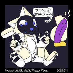 1:1 abdominal_bulge anal animated anthro dialogue domestic_cat felid feline felis female genitals kerfus machine male mammal penis pussy robot sitting solo text theenyface vulva