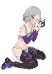 1girls after_handjob annoyed annoyed_expression blush boots breasts calvin_klein clothing contender_(girls'_frontline) cum cum_on_face cum_on_hand female female_only flat_chest full_o_thunthun girls'_frontline gloves grey_hair multicolored_hair navel purple_eyes purple_hair putting_on_gloves short_hair small_breasts thigh_boots underwear