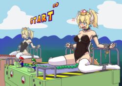 5_fingers absurd_res blonde_hair blue_eyes blush bound bowsette bracelet breasts chained chains clothed clothing collar colucolu cross-popping_vein crown ear_piercing eyebrows eyelashes female female_focus fingers genderswap group hair hi_res horn humanoid humanoid_pointy_ears jewelry legwear leotard leotard_aside luigi mario mario_(series) mario_party new_super_mario_bros._u_deluxe nintendo open_mouth penetration piercing ponytail pussy rule_63 shell sitting spiked_armlet spiked_bracelet spiked_collar spiked_shell spiked_tail spikes super_crown teeth thick_eyebrows thigh_highs vaginal_penetration vein video_games