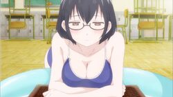 16:9_aspect_ratio 1girls animated asobi_asobase ass big_breasts black_hair blush breasts cleavage close-up clothed eye_contact female half-closed_eyes high_resolution large_breasts looking_at_viewer megane no_sound nomura_kasumi shirt short_hair solo sukumizu swimsuit tank_top video