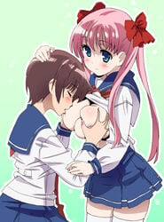 2girls breast_sucking brown_hair homing_(areya) huge_breasts long_hair pink_hair saki short_hair yuri