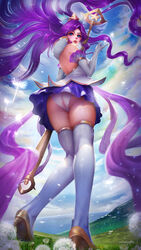 1girls alternate_costume ass blue_eyes blush clothed clothing elbow_gloves female female_only gloves heels high_heels human janna_windforce league_of_legends outdoors panties purple_hair skirt solo staff star_guardian_janna star_guardian_series thighhighs thighs upskirt very_long_hair white_gloves white_legwear white_panties white_thighhighs windwalker