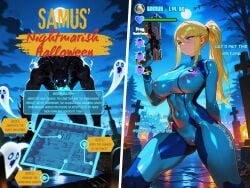 1girls 2koma ai_assisted ai_generated big_breasts blonde_hair blue_bodysuit blue_eyes bodysuit breasts cemetery comic crystal_lewdart determined english_text female fighting_stance gameplay_mechanics gun halloween health_bar latex latex_bodysuit light-skinned_female long_hair metroid mission monster nintendo nipples nipples_visible_through_clothing ponytail samus_aran see-through see-through_clothing skin_tight text zero_suit zero_suit_samus