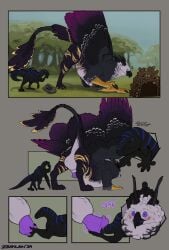 2024 animal_genitalia anus avian balls beak black_body black_feathers blush cock_vore colored comic dated dinosaur dragon dromaeosaurid duo erection feathers feral flared_penis forest genitals grey_body grey_feathers gryphon head_first hi_res hybrid larger_pred male mythological_avian mythological_creature mythological_scalie mythology nude nude_male outside penile penis plant prehistoric_species purple_eyes purple_penis raised_tail reptile saurischian scalie sheath signature size_difference tail text theropod tree vore zeanlain