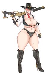 1girls 2d angry annoyed areola_slip areolae arm_tattoo ashe_(overwatch) belly big_areola big_breasts big_nipples black_nails blizzard_entertainment blush boots breast_suppress breasts breasts_out_of_clothes bursting_breasts cameltoe cleavage clenched_teeth clothing cowboy_hat crop_top curvaceous curvy denim_shorts embarrassed female female_only female_solo fingerless_gloves full_body ghost_nipples gloves gun hair hat heavy_blush heel_boots high_heel_boots high_heels highres huge_areolae huge_breasts lace-up_boots large_breasts looking_away midriff nail_polish nipple_slip nipples no_bra overwatch pale_skin piercing pink_areola pubic_hair pussy red_eyes revealing_clothes rifle shoes short_shorts shorts shotgun skimpy slutty_outfit solo standing stiletto_heels sunnysundown sweat sweatdrop tattoo thick_thighs thighs trembling very_high_heels video_games voluptuous weapon white_background white_hair wide_hips