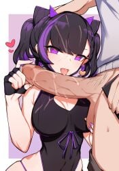 1boy bare_shoulders black_gloves black_hair black_leotard breasts breasts_apart choumi_wuti_(xueye_fanmang_zhong) fellatio fingerless_gloves gloves half_gloves heart heart-shaped_pupils highleg highleg_leotard highres horns hypnosis large_breasts large_penis leotard licking licking_penis looking_at_viewer medium_hair miki_(virtuareal) mind_control multicolored_hair navel nijisanji oral penis purple_eyes purple_hair simple_background streaked_hair symbol-shaped_pupils virtual_youtuber virtuareal wide_hips