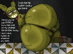 animatronic_suit anus_peek bedroom big_ass big_balls corpse dialogue english_text femboy first_person_view five_nights_at_freddy's five_nights_at_freddy's_3 five_nights_at_freddy's_4 flirting_with_viewer furry furu_flami gay green_body huge_ass hyper_ass inminent_sex male_only rabbit_ears robot scottgames smiling solo springtrap springtrap_(fnaf) sweating william_afton zombie