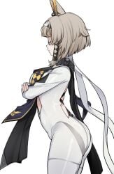 1girls blue_eyes bodysuit crotch_rope female fox_ears fox_girl glasses grey_hair grey_hair_female meredith_(strinova) nago_purin onomatopoeia pulling pulling_clothing rubbing rubbing_pussy short_hair strinova tagme white_background white_clothing white_jumpsuit