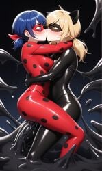 adrien_agreste ai_generated bodysuit corruption female_only latex marinette_dupain-cheng miraculous_ladybug rule_63 symbiote yuri