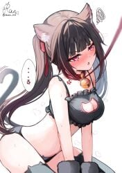 :< anger_vein animal_ears bell bikini black_bikini black_thighhighs blush breasts brown_hair butterfly-shaped_pupils cat_cutout cat_ears cat_tail cleavage cleavage_cutout clothing_cutout collar female flower_tattoo half-closed_eyes heavy_breathing highres honkai:_star_rail honkai_(series) jingle_bell leash mark_under_both_eyes medium_breasts midriff neck_bell nose_blush open_mouth pink_eyes ranran_3939 red_collar simple_background sitting solo sparkle_(honkai:_star_rail) spoken_anger_vein sweat swimsuit symbol-shaped_pupils tail tattoo thighhighs white_background