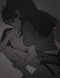 1boy 1boy1girl 1girls anal black_and_white brother_and_sister concerned femdom gnail holding_legs incest long_hair male_penetrated mari_(omori) monochrome omori partially_clothed pegging sex strap-on sunny_(omori) sweat sweatdrop sweating