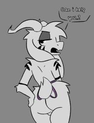 anthro apron arm_tuft asriel_dreemurr_(god_form) ass balls bothered bovid caprine clothing eyeshadow fur genitals goat half-closed_eyes head_tuft hi_res horn makeup male mammal markings narrowed_eyes rear_view shoulder_tuft solo text thatrabiddog tuft undertale undertale_(series) white_body white_fur