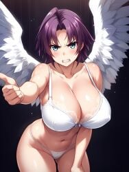 1girls ahoge ai_generated angel angel_wings angry azuma_marina bare_shoulders big_breasts breasts cleavage clenched_teeth female female glowing_eyes huge_breasts isogil kashidashi_tsuma_marina_no_"netorase"_houkoku_binkan_tsuma_to_zetsurin_daigakusei nipples purple_hair reaching_out reaching_towards_viewer seductive sexy_pose shiny_skin short_hair solo thick_thighs thighs white_bra white_thong white_underwear white_wings