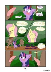 2019 2boys 2girls absurd_res blush canine canine_genitalia canine_penis comic dialogue english_text feral fluttershy_(mlp) friendship_is_magic furry hi_res horn knot kumakum larger_male male mammal my_little_pony size_difference smaller_female source_request text twilight_sparkle_(mlp) unicorn veins veiny_knot veiny_penis watermark were werecanid werecanine werewolf