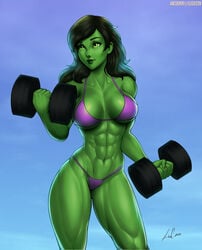 1girls abs ag221b artist_signature axcuervo big_breasts bikini dumbbells elee0228 exercise female female_only fully_clothed hulk_(series) marvel marvel_comics muscles muscular muscular_female muscular_thighs revealing_clothes she-hulk simple_background solo swimsuit thick_thighs thighs weightlifting weights workout