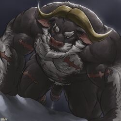 1:1 2019 abruptus ahab_(tokyo_afterschool_summoners) anthro beard bodily_fluids body_hair bovid bovine chest_hair eyebrows facial_hair fur genital_fluids grey_fur hair hi_res horn male male_only mammal muscular muscular_male nipples penis pink_nipples pink_nose precum pubes scar solo thick_eyebrows tokyo_afterschool_summoners true_buffalo video_games water_buffalo white_hair