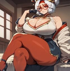 1girls ai_generated bed big_breasts cleavage crossed_legs crossed_legs_(sitting) curvaceous curvy_female eyes female female_only glasses high_heels indoors large_breasts light-skinned_female light_skin nintendo purah purah_(tears_of_the_kingdom) red_eyes sitting_down smogai the_legend_of_zelda the_legend_of_zelda:_tears_of_the_kingdom thick thick_thighs tights voluptuous voluptuous_female white_hair wide_hips
