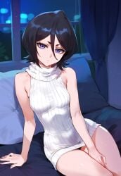 1girls ai_generated black_hair bleach ded_173 kuchiki_rukia kuchiki_rukia petite purple_eyes solo sweater virgin_killer_sweater