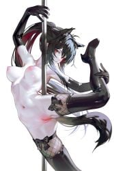 animal_ears arknights arm_up bent_back black_gloves black_hair boots breasts elbow_gloves expressionless female gloves hair_between_eyes high_heel_boots high_heels highres holding holding_pole iumu leather leather_boots leather_gloves leg_hold leg_up legs_apart long_hair looking_at_viewer medium_breasts nipples nude pole pole_dancing ponytail pussy solo spread_legs standing standing_on_one_leg stripper_pole tail texas_(arknights) thigh_boots uncensored very_long_hair wolf_ears wolf_girl wolf_tail yellow_eyes