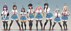 8girls ayase_momo big_breasts blush cleavage dandadan fern_(sousou_no_frieren) hayase_nagatoro huge_breasts kanroji_mitsuri kimetsu_no_yaiba kitagawa_marin kogeikun komi-san_wa_komyushou_desu komi_shouko looking_at_viewer please_don't_bully_me,_nagatoro school_uniform shortstack small_breasts sono_bisque_doll_wa_koi_wo_suru sousou_no_frieren spy_x_family tall_female thick_thighs uzaki-chan_wa_asobitai! uzaki_hana wardrobe_malfunction yor_briar