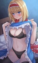 alice_margatroid bed blonde_hair blue_eyes blush bra cleavage lifting_dress panties ramie_(ramie541) touhou