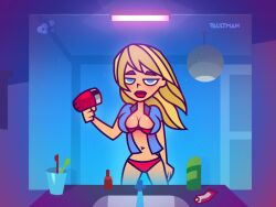 1girls blonde_hair bra hair_dryer large_breasts lindsay_(tdi) panties red_bra red_panties shirt_and_panties solo total_drama_island vaultman