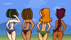 4girls ass bikini black_bikini brown_hair brown_skin courtney_(tdi) female_only green_bikini gwen_(tdi) izzy_(tdi) multiple_girls orange_hair ponytail purple_bikini purple_hair sierra_(tdi) swimsuit total_drama_island two_tone_hair vaultman