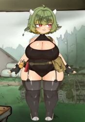 1girls belly big_breasts bovine breast breast_expansion breasts cleavage cleavage_cutout clothing_cutout cow_ears cow_tail expansion female flat flat_chest garter_straps green_hair growing_out_of_clothes horns huge_breasts jiggle jiggling_breasts leotard longer_than_10_seconds looking_at_viewer mossyartburger mossyburger one-piece_swimsuit plump red_eyes short_hair shorter_than_30_seconds shorter_than_one_minute shortstack solo sound standing swimsuit tagme thick_thighs thigh_gap thighhighs tummy vertical_video video virtual_youtuber voice_acted vtuber wide_hips