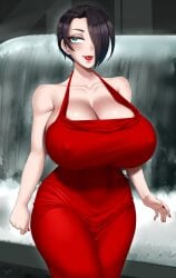 1girls aqua_eyes black_hair black_hair_female breasts bursting_breasts cleavage enormous_breasts female female_focus hair_over_one_eye huge_breasts huge_cleavage massive_breasts nipple_bulge nipples_visible_through_clothing no_bra original original_character red_dress red_lipstick saya_(twrlare) short_black_hair short_hair short_hair_female smile solo solo_female twrlare voluptuous_female