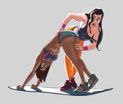 2girls abrosiis abs armpits asami_sato ass ass_up athletic avatar_legends bare_arms bare_shoulders bending_over black_hair blue_eyes bra brown_hair canon_couple cleavage clothing dark-skinned_female dark_skin downward_dog female female_focus female_only fit green_eyes grey_background hair_covering_eye hand_on_back hands_on_floor korra large_breasts leg_grab long_hair loose_clothes loose_shirt medium_breasts midriff muscular_female open_mouth short_hair short_shorts shorts simple_background sneakers sport sports_bra sportswear straight_hair stretching the_avatar the_legend_of_korra thick_thighs toned underboob wardrobe_malfunction water_tribe wide_hips wristband yoga yoga_mat yoga_pants yuri