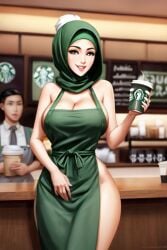 ai_generated apron apron_only big_breasts breasts cleavage functionally_nude hijab hijabi hijabucks hourglass_figure huge_breasts iced_latte_with_breast_milk large_breasts muslim nude revealing_clothes sexy standing starbucks thick_thighs thighs thin_waist useless_clothing waitress waitress_uniform wide_hips