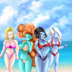 4girls android_18 artexgtm big_breasts bikini blonde_hair blue_skin breasts dragon_ball dragon_ball_super dragon_ball_xenoverse dragon_ball_z female female_only huge_breasts large_breasts macki multiple_girls orange_hair swimsuit towa white_hair zangya