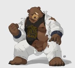 1boy animal_ears bara barefoot bear_boy bear_ears belly ben_bigger black_tank_top brown_fur chaihuliang chinese_commentary claws clenched_hand clenched_teeth commentary_request fat furry furry_male highres jacket looking_to_the_side male_focus navel nipples pants pawpads pectorals plump scar scar_across_eye shirt signature tank_top teeth torn_clothes torn_pants torn_shirt white_jacket white_pants zenless_zone_zero