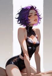 ai_generated curvy female latex_outfit purple_hair short_hair