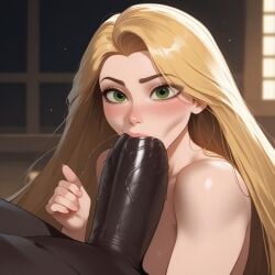 ai_generated blonde_hair blowjob civitai dark-skinned_male dark_skin disney green_eyes interracial mr_cheese121 rapunzel_(tangled) sucking sucking_penis tangled