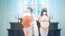 1boy 2girls ass big_ass black_hair breasts bridal_veil candle clothed_male_naked_female clothed_male_nude_female clothed_male_topless_female gigantic_belly gigantic_breasts hatsunegaoka_yui highres honoo_no_haramase_oppai_ero_appli_gakuen huge_belly huge_breasts hyper_belly hyper_breasts kissing majime_masato massive_belly massive_breasts naked naked_female nipples nude nude_bride nude_female orange_hair pregnant pregnant_belly pregnant_bride pregnant_female pregnant_schoolgirl schoolgirl screencap tiara topless topless_female tuxedo uesaka_ayane wedding wedding_veil white_panties