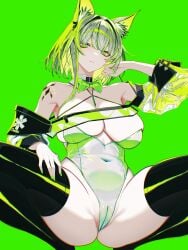 arknights bunnysuit cameltoe expressionless green_nails kal'tsit_(arknights) large_breasts looking_at_viewer nail_polish painted_nails spread_legs squatting vxdrq