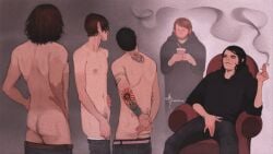 ass_cheeks black_eyes black_hair blush bob_bryar brown_hair frank_iero gerard_way mikey_way my_chemical_romance nipples ray_toro smoking touching_crotch