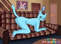 anthro blue_body blue_fur cartoon_network domestic_cat felid feline felis female fur hi_res mammal nicole_watterson nude nude_anthro nude_female paws pink_nose ptichnick solo the_amazing_world_of_gumball