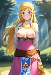 1girls ai_generated arms_behind_back breasts breasts breasts_out embarrassed female forest hi_res high_resolution highres looking_at_viewer medium_breasts nintendo nipples pink_nipples princess_zelda tits_out twilight_princess waifumakerart zelda_(twilight_princess)