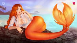 fap_ceo female lorelei_(fap_ceo) mermaid orange_hair png see_through solo wet