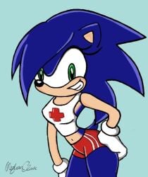 anthro anthro_female belly_shirt big_breasts blue_fur blue_hair blue_legs cowboy_shot eyelashes green_eyes grin grinning_at_viewer hair_bangs hand_on_hip hedgehog hip_sway looking_at_viewer merton midriff_baring_shirt red_cross red_hotpants rule_63 sonic_the_hedgehog sonique_the_hedgehog tan_arms tan_belly tan_breasts tan_muzzle thick_thighs vertical_stripes white_crop_top white_gloves wide_hips