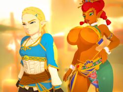 2girls 3d 3d_(artwork) alternate_breast_size annoyed areola_slip blue_shirt breast_envy cropped_legs dark-skinned_female gerudo green_eyes green_eyeshadow huge_breasts isha_(breath_of_the_wild) jewelry long_hair looking_at_another makeup nurico pointy_ears princess_zelda red_hair skirt standing the_legend_of_zelda the_legend_of_zelda:_breath_of_the_wild zelda_(breath_of_the_wild)