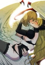 2girls blonde_female blonde_hair breasts breasts_out chimera closed_eyes corset dungeon_meshi elf elf_ears elf_female embrace falin_touden falin_touden_(chimera) fanon_couple feathers female female/female female_only kissing lace-trimmed_panties lace-trimmed_thighhighs lesbian_kiss lingerie marcille_donato multiple_girls thighhighs underboob very_long_hair wings yuri yuri