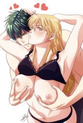 1boy 1girls arms_up big_breasts black_bra black_panties blonde_hair blush bra bra_lift breast_grab breast_hold breasts_out canon_genderswap cleavage dark_green_hair female genderswap_(mtf) gintama groping groping_breasts groping_from_behind hijikata_toshiro holding_breast holding_breasts kondou_goriko kondou_isao lace-trimmed_bra long_hair looking_at_viewer male panties rule_63 shocacao72 smile yellow_eyes