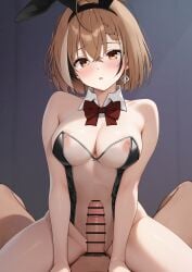 1boy absurdres bar_censor breasts censored clothing_aside cowgirl_position cowgirl_position female grey_background highres hololive leotard leotard_aside medium_breasts nanashi_mumei otokucha penis straddling straight virtual_youtuber