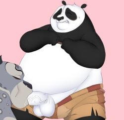 anthro balls bear belly bottomwear bottomwear_down clothed clothing dreamworks dreamworks_animation duo erection felid fellatio fupa genitals giant_panda hi_res hypnokoo kung_fu_panda kung_fu_panda_(movie) looking_pleasured male male/male mammal master_po_ping oral overweight pantherine paramount_pictures partially_clothed penile penis sex shorts shorts_down snow_leopard tai_lung_(kung_fu_panda)