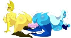 2girls all_fours anus bent_over big_ass blue_diamond_(steven_universe) blue_skin cartoon_network diamond_authority dildo gem_(species) guillion_(toshkarts) kneeling motion_lines multiple_girls nude sex_toy steven_universe sweat vaginal_penetration white_background yellow_diamond_(steven_universe) yellow_skin yuri